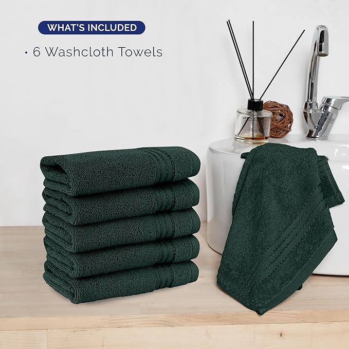 Elegant Comfort Premium Turkish Cotton 6 Pack Washcloths Set - 13 x 13 inch, Luxurious Hotel Spa Quality 100% Turkish Cotton 6PC Washcloth Set - Highly Absorbent - Soft Bathroom Towels, Hunter Green