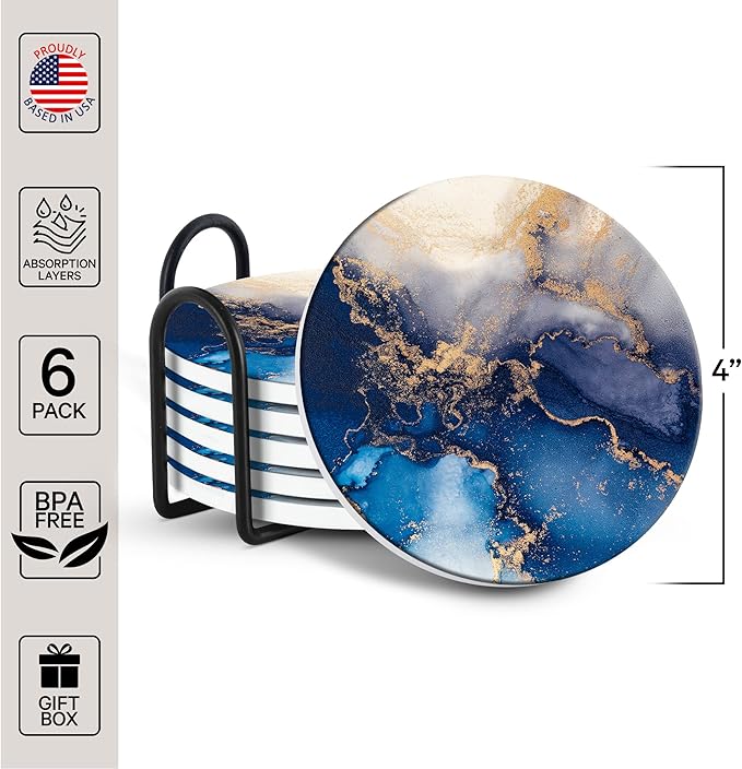 Emerson Coasters for Drinks Absorbent – Natural Stone Drink Coasters Set with Holder, Coasters for Coffee Table, Wooden Tabletop Protection Marble Style – 100% Heavy Duty Set of 6 (Blue Mist)