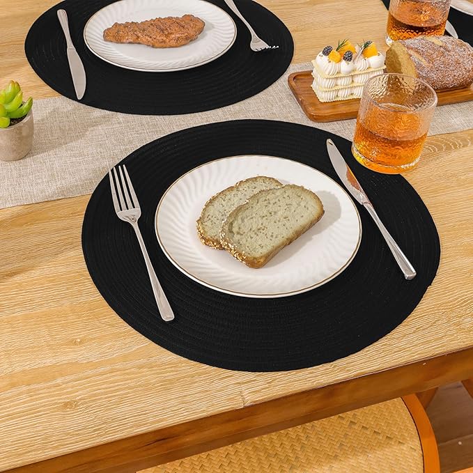 SHACOS Round Braided Placemats Set of 4 Heavy Cotton Polyester Washable Round Table Mats for Dining Tables 15 inch Non Slip Heat Resistant (Black, 4)