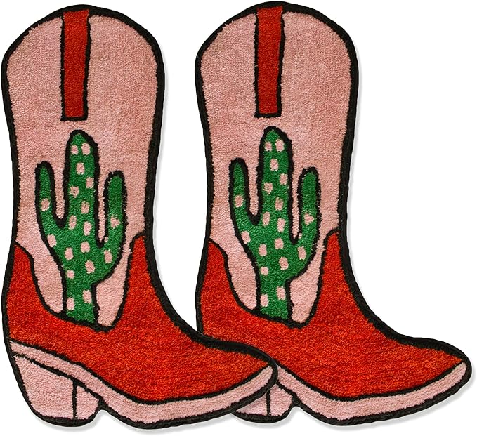 Cowboy Boot Bath Mat - Western Boot Shaped Rug with Pink, Rust, and Green Cactus Design - Water Absorbent (Boot Bath Mat 2 Pack)