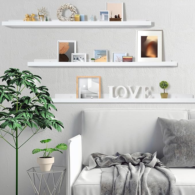 MBYD White Floating Shelves 36 Inches Long, Picture Ledge Wall Shelf for Frames Photo Albums, Wall Mounted Photo Shelves with Ledge Set of 3 Same Dimension for Bedroom Bathroom Living Room Kitchen