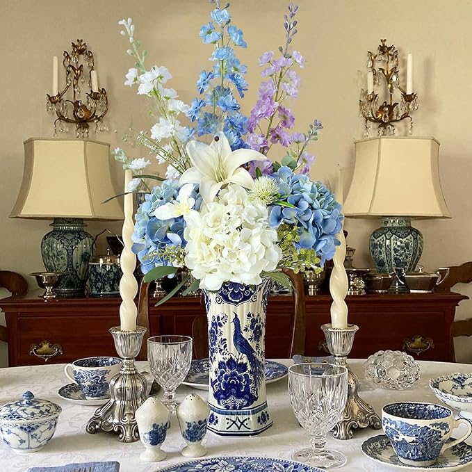 2 White +2 Blue Real Touch Hydrangea Artificial Flowers,21" Vintage Silk Fake Flowers, Faux Hydrangea Flowers for Wedding Bouque Centerpieces Tables Party Home
