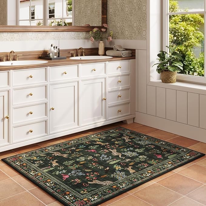 Door Mat Indoor Entrance 2x3 Rug Machine Washable Boho Floral Animal Small Area Rug Non-Slip Low Pile Throw Rugs for Entryway, Kitchen, Front Door Indoor Entrance, Entry, Kids Room (Green)