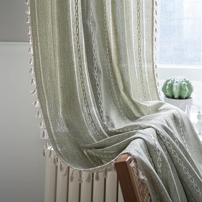 ColorBird Sage Green Boho Curtains for Bedroom 63 inch Length, 2 Panels Farmhouse Linen Curtains Living Room Darkening Drapes, Embroidered Country Window Curtain for Dining Nursery Closet