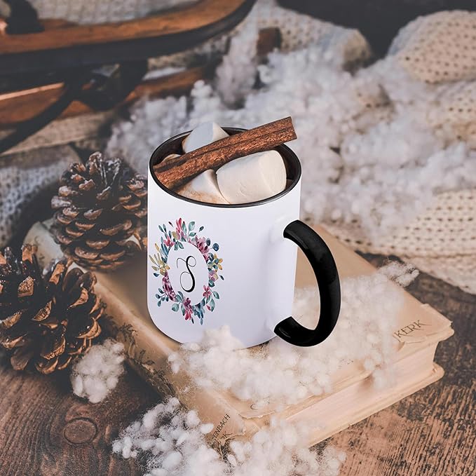 3dRose Coffee Mug, Size - 15oz - Pretty Watercolor Floral Circle Frame With A Monogram Initial S Monogram Initial - funny coffee cup gift