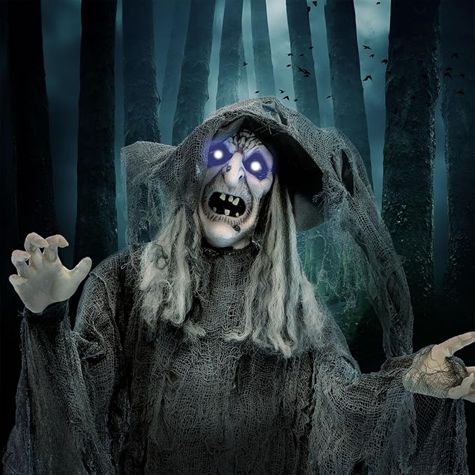 Haunted Hill Farm Life-Size Animatronic Scary Talking Witch with Touch Activated Lights and Sound, Indoor or Covered Outdoor Creepy Halloween Decorations for Home or Haunted House, Battery Operated