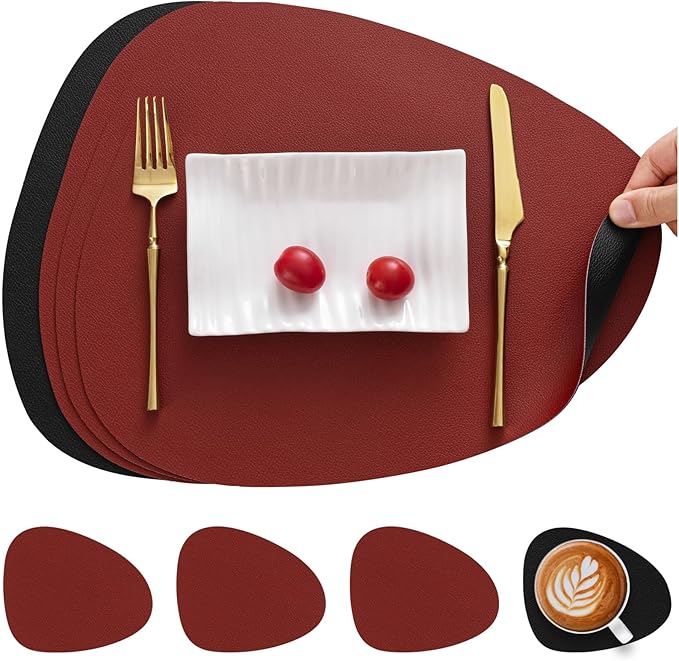 Myir JUN Placemats, Dual-Sided Placemats Waterproof Faux Leather Placemats Set of 4 Place Mats and Coasters Non-Slip Washable Table Mats for Dining Table (Red Black, Set of 4)