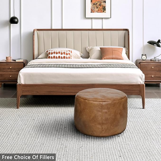 Thgonwid Unstuffed Faux Leather Pouf Cover, Handmade Footstool Ottoman Storage Solution, Floor Footrest Cushion - 16.5”Dx12”H, Mocha
