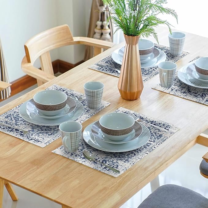 Navy Blue Grey Ethnic Boho Placemats Set of 4 Bohemian Carpet Vintage Gray Linen Washable Kitchen Dining Table Mats Stain Heat-Resistant Desktop Decor Place Mats for Home Party Indoor 12x18 in