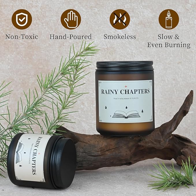 Rainy Chapters Scented Jar Candle - 100% Soy Wax Aromatherapy Candle with Juniper & Cedar Notes, Long-Lasting Fragrance for Home, Relaxation Romantic Ambience (4oz, 20-Hour Burn Time)