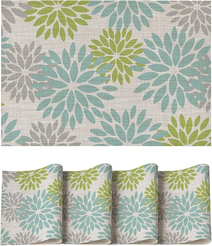 Artoid Mode Floral Vinyl Placemats Set of 4, Heat Resistant Washable Non-Slip Plistic PVC Place Mats for Party Kitchen Dining Decor, Sage