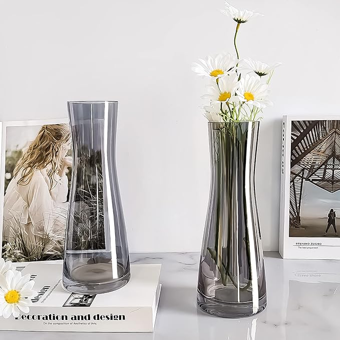 Aoderun Flower Vase for Decor 10" Clear Glass Vase for Centerpieces Large Vases for Flowers Dried Flower Home Decor Living Room Kitchen Office Wedding(Grey)