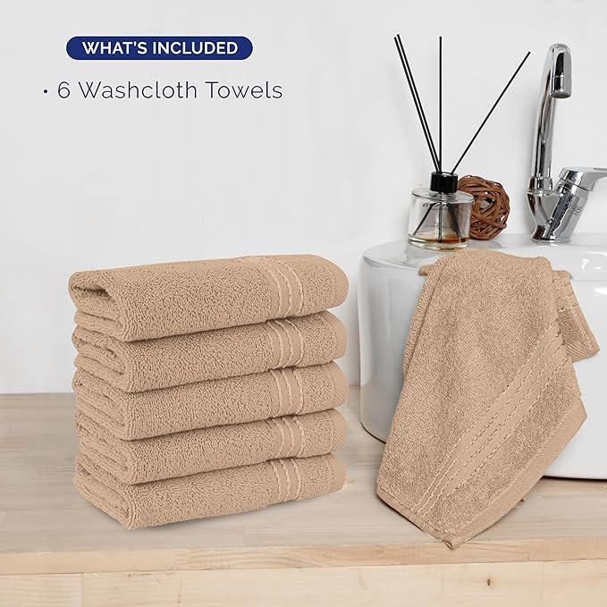 Elegant Comfort Premium Turkish Cotton 6 Pack Washcloths Set - 13 x 13 inch, Luxurious Hotel Spa Quality 100% Turkish Cotton 6PC Washcloth Set - Highly Absorbent - Soft Bathroom Towels, Taupe