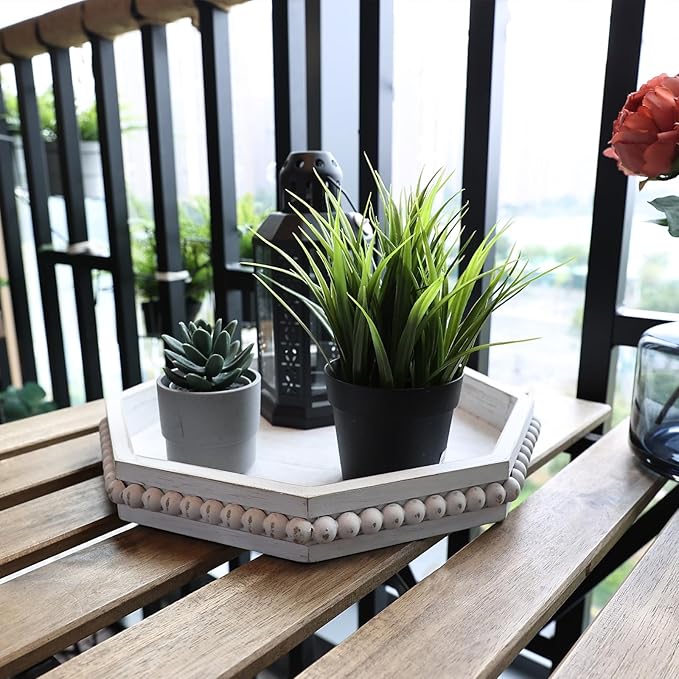 Whitewashed Octagonal Wood Decorative Tray, Small Farmhouse Wooden Serving Tray with Beads, Versatile Shabby Chic Coffee Table Tray for Kitchen Counter, Ottoman, Living Room