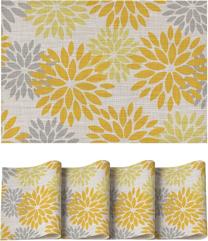 Artoid Mode Floral Plastic Placemats Set of 4, 12x18 Inch Washable Non-Slip Plastic Vinyl Place Mats for Party Kitchen Dining Decor, Yellow