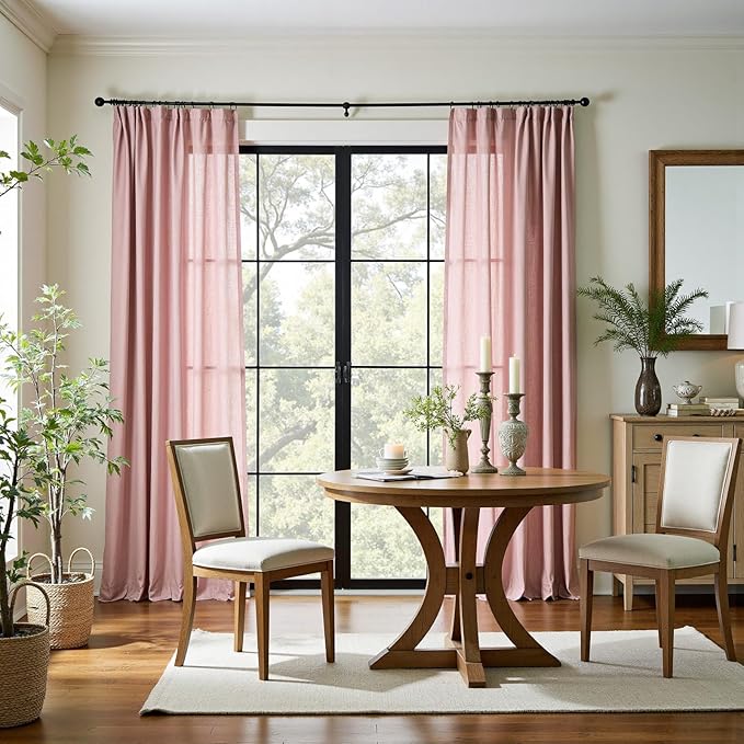 jinchan Pink Linen Blend Curtains 90 inch Length 2 Panels for Bedroom Living Room, Light Filtering 50 inch Wide Farmhouse Drapes with Rod Pocket Back Tab(50W x 90L, Pink)