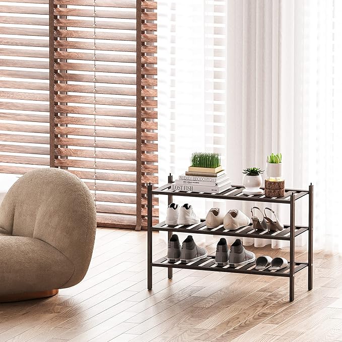 Shoe Rack, 3-Tier Bamboo Stackable Shelf Storage Organizer, Stand for Closet, Entryway, Hallway, Bathroom and Living Room(Mocha)