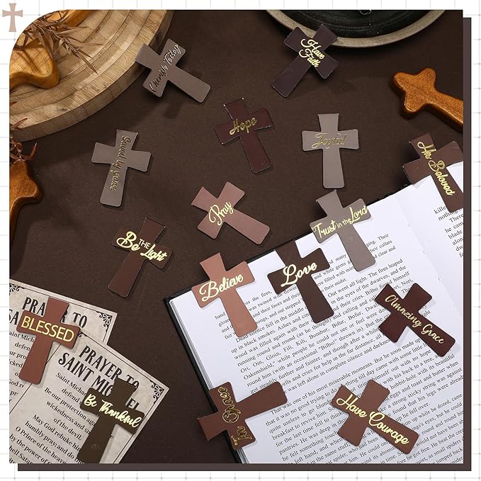 Outus 48 Pieces Magnetic Christian Religious Cross Bookmark Religious Bible Verses Bookmarks Magnetic Page Clips for Women Student School Reading Gifts, 16 Styles (Brown Style)