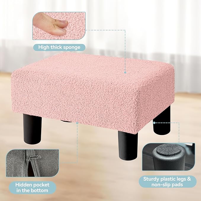 BRIAN & DANY Small Foot Stool Ottoman, Footstool with Legs, Teddy Velvet Foot Rest for Living Room, Bedroom and Office, Pink