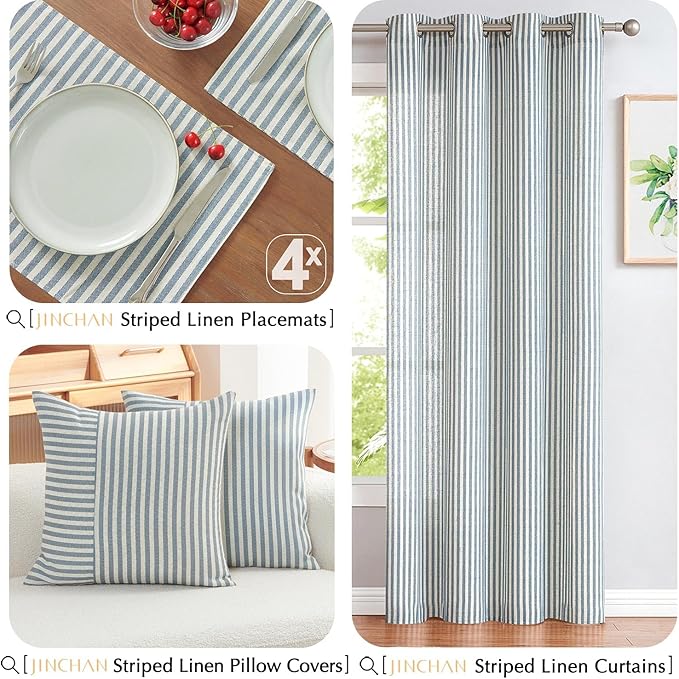 JINCHAN Linen Striped Placemats Set of 4 Farmhouse Cloth Place Mats Durable Table Mats Soft Washable Placemats for Kitchen Dining Table Double Layer Heat Resistant Tablemats 13x19 Inch Blue