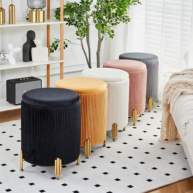 Mxfurhawa Round Ottoman Foot Stool with Storage and Metal Legs for Living Room Bedroom, Velvet Upholstered Footrest Stool Support 300lbs Modern Padded Seat Ottoman Coffee Table (Black)