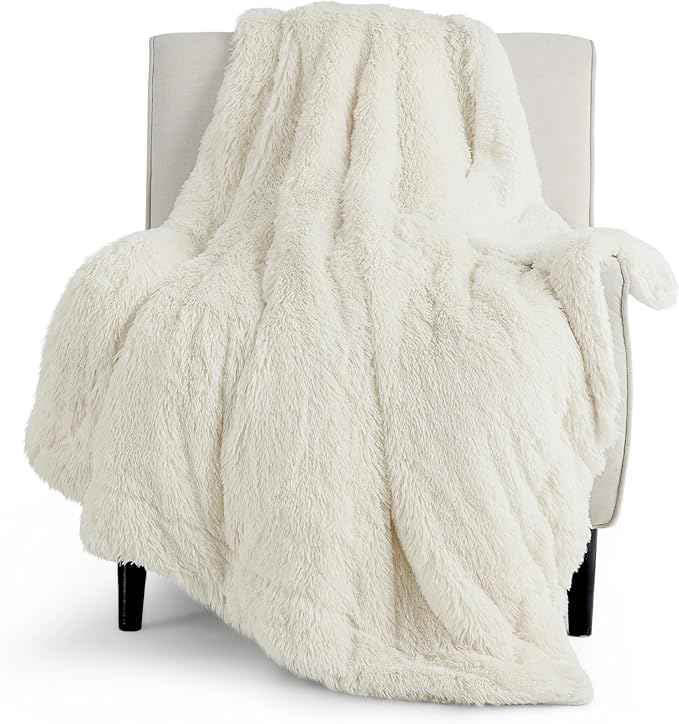 Bedsure Fuzzy Sherpa Faux Fur Twin Blanket Cream Cozy Gifts for Women Men, Soft Fleece Plush Warm Minky Thick Blanket Twin Size for Bed, Couch, Room Decor Dorm Essentials Cream Decor Gifts, 60x80