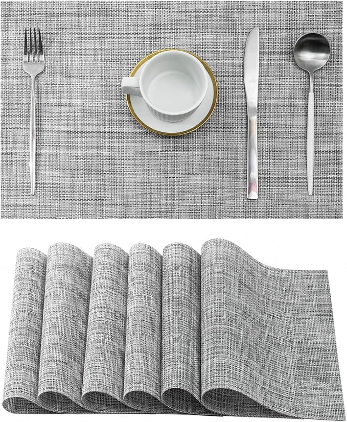 Leetaltree Linen Grey Placemats Set of 6 - Heat Resistant Non-Slip Place mats for Dining Table, Washable Durable PVC Vinyl Woven Table Mats(Linen Grey, 6)