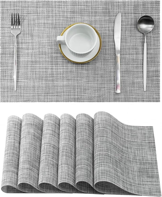 Leetaltree Linen Grey Placemats Set of 6 - Heat Resistant Non-Slip Place mats for Dining Table, Washable Durable PVC Vinyl Woven Table Mats(Linen Grey, 6)