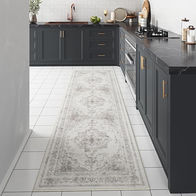 Runner Rug 2x7 Washable Light Gray Hallway Runner Vintage Boho Medallion Non Slip Grey Distressed Retro Carpet Indoor Low Pile Long Soft Rug for Kitchen Entryway Bedroom Bathroom Laundry