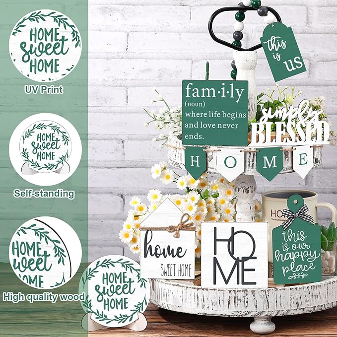 Set of 11 Spring Farmhouse Tiered Tray Decor Rustic Spring Home Tiered Decorations Set Home Wooden Signs Green Farmhouse Tabletop Wood Trays for Decorative Trays