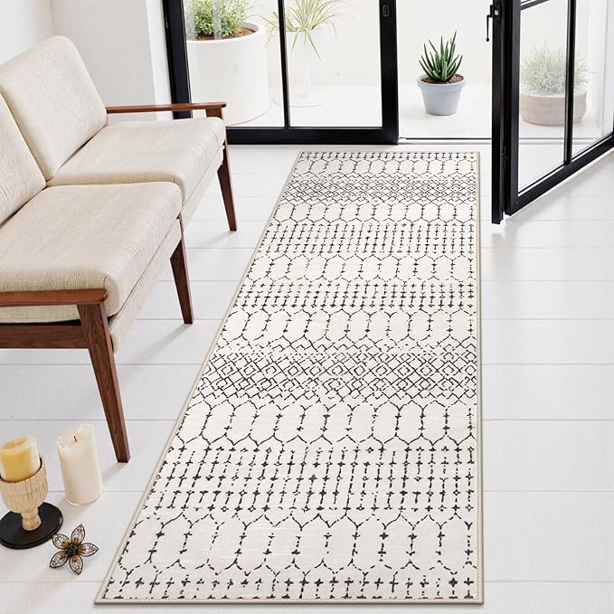 Lahome Moroccan Runners for Hallways 2x8 - Beige Washable Runner Rug Non-Slip Stain Resistant Kitchen Rug Runner, Geometric Print Distressed Soft Untra- Thin Floor Carpet for Bedroom Entryway