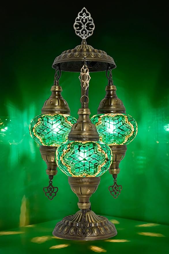 mozaist 3 Globe Mosaic Tiffany Style Table Lamp, Stained Glass Turkish Handcraft Desk Light, Bohemian Vintage Guestroom, Study Room Decorative Teal Lighting with US Plug & E12 Socket(Turquoise Green)