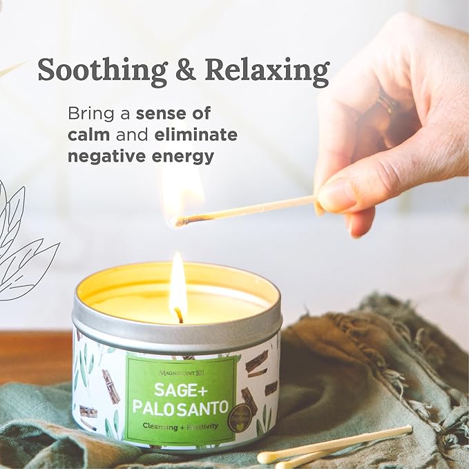 Magnificent 101 Long Lasting Sage + Palo Santo Scented Smudge Candle | 6 Oz - 35 Hour Burn | Soy Wax Candle for House Energy Cleansing & Manifestation | Positive Vibes Only