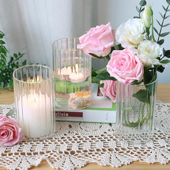 12Pcs Glass Cylinder vases for Centerpieces, 6 Inches Clear Ribbed Bud Vases for Wedding Decorations,Floral Vase Bulk Flower vases,Tall Glass Hurricane Candle Holder for Table Shelf, Party(Ribbed)