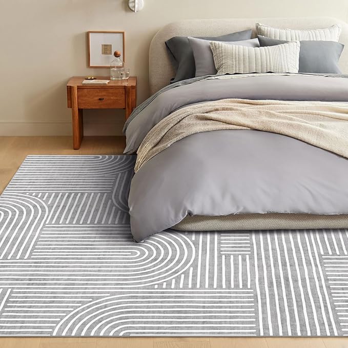 Washable Area Rug 8x10 - Large Grey Boho Rugs for Living Room Soft Abstract Bedroom Rug Ultra-Thin Modern Rainbow Carpet Stain Resistant Rug for Dining Room Nursery Room Home Decor