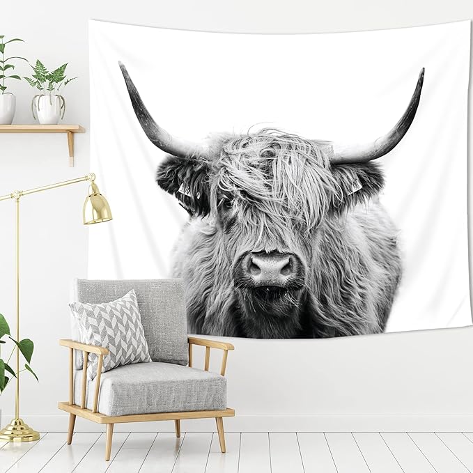 AMBZEK Bull Tapestry 51Hx59W Inch Western Wall Decor Highland Cow Wall Art Cattle Farmhouse Farm Animal Wildlife Rustic Country Funny Cute Milk Wall Hanging Bedroom Living Room Dorm Decor Fabric