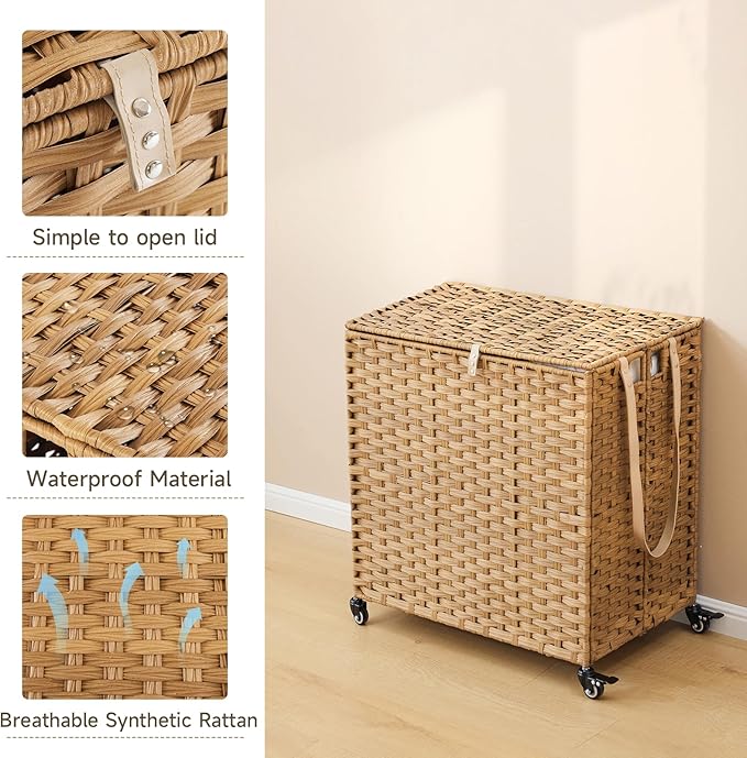 Laundry Hamper with Wheels, 39.6 Gallon(150L) Rolling Laundry Basket with Lid, 3-Section Rattan Clothes Hamper with 3 Removable Liner & 3 Mesh Bags, Laundry Sorter with Side Pocket, Natural
