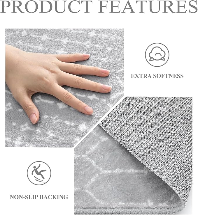 Lahome Moroccan Washable Round Rug - 4Ft Round Area Rugs for Bedroom Non-Slip Grey Stain Resistant Round Kitchen Rug, Modern Geometric Print Indoor Floor Circle Carpet for Entryway Living Room Sofa