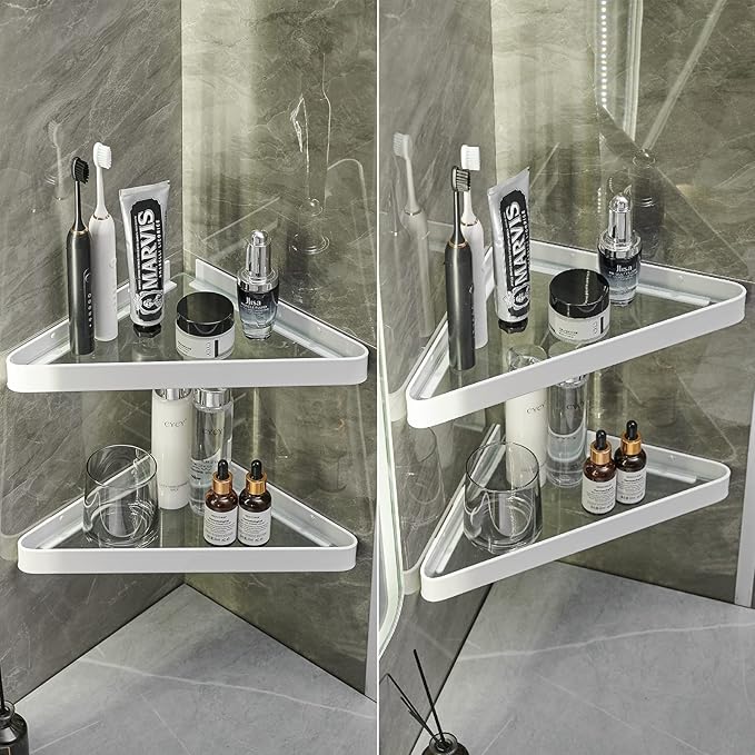 VOLPONE Bathroom Shelves Wall Mounted Glass Corner Shower Shelf for Bathroom Floating Shelf Tempered Glass Wall Organizer 2-Tier(White)