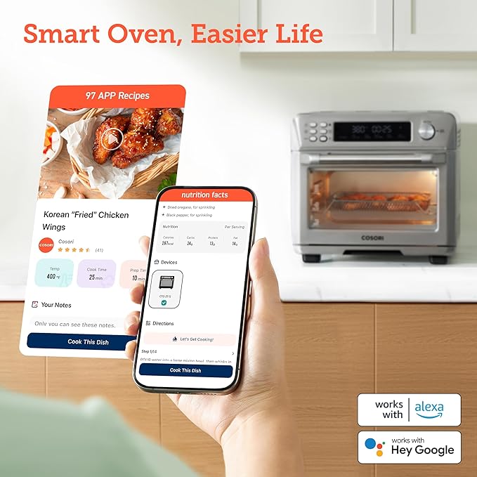 COSORI Smart 11-in-1 Air Fryer Toaster Oven Combo, Airfryer Convection Oven Countertop, Bake, Roast, Reheat, Broil, Dehydrate, 94 Recipes & 3 Accessories, 26QT, Silver, Stainless Steel