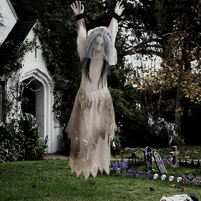 HollyHOME Animated Hanging Bride Ghost Halloween Decor - Glowing Eyes, Creepy Sounds & Shaking Body, Outdoor Scary Haunted House Prop and Yard Decoration 60 Inch