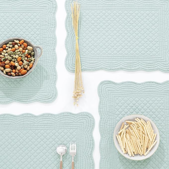 HOMBYS Quilted Placemats Set of 6 Washable-13x18 inches Rectangular Placemats for Kitchen Table-100% Cotton Fabric Rectangular Table Mats, (Light Blue)