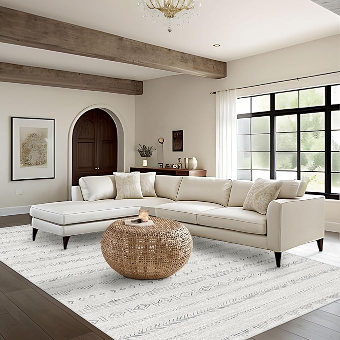 Washable 5x8 Rugs for Bedroom, Moroccan Farmhouse Area Rug 5x8 with Non-Slip Backing, Soft Low Pile Indoor Floor Carpet Boho Neutral Area Rug for Living Room Home Office Decor, Light Grey
