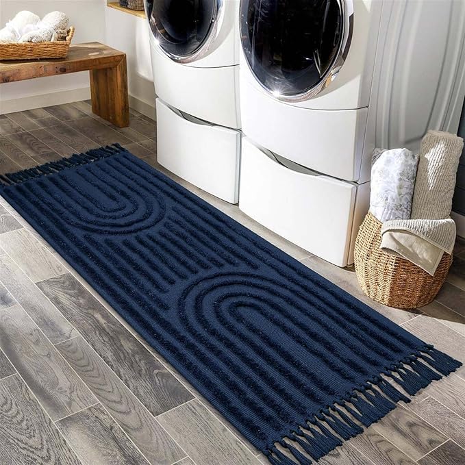 LEEVAN Washable Kitchen Runner 2'X5', Hand-Woven Bathroom Rug With Tassels, Dark Blue Entryway, Tufted Rainbow Bedroom, Farmhouse Hallway for Laundry/Living Room