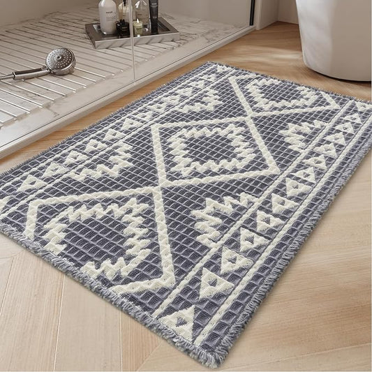PADOOR-Waffle Bath Mat 24"x36"-Super Absorbent Bath Mats for Bathroom, Machine Washable Non Slip Bathroom Rug with Tassels, Soft Bathroom Mat for Laundry Room, Bedroom, Grey & Cream, 2'x 3'
