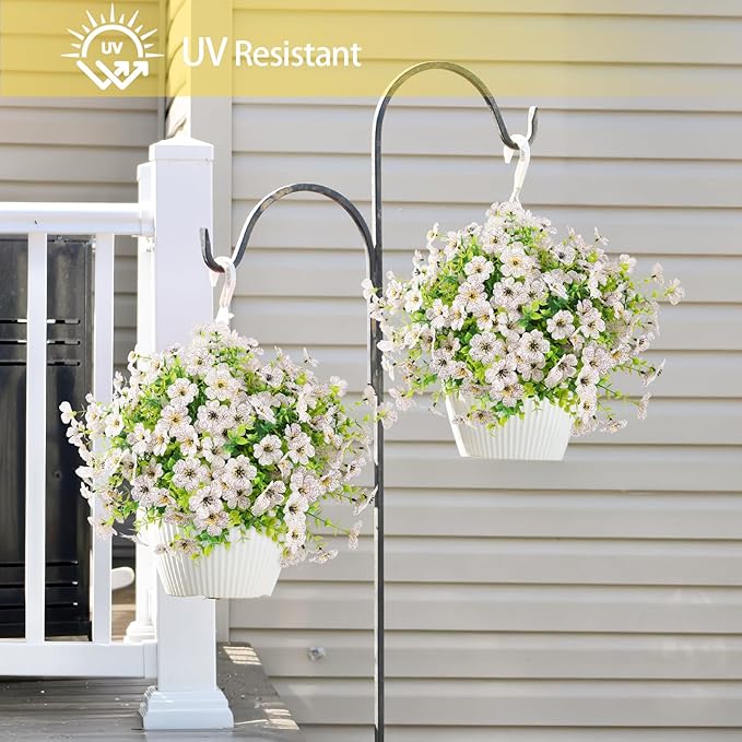 Artificial Flowers Outdoor Faux Plants UV Resistant 12 Bundles Fake Patio Flowers Plastic Greenery Plnats Outside Bulk for Spring Garden Hanging Planter Home Vase Decor, White