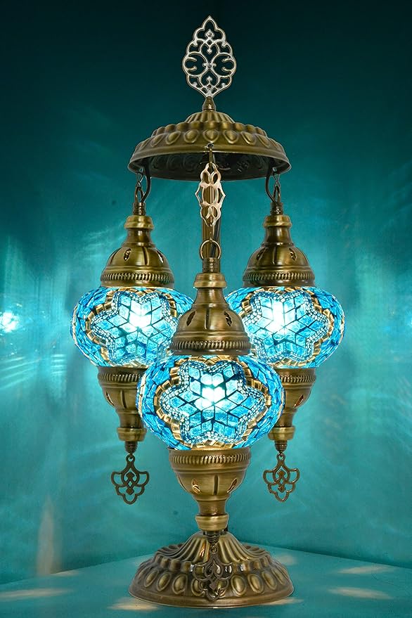 mozaist Moroccan Handmade Mosaic Table Lamp, Turkish Vintage Boho Style Desk Light, 3 Globe Bedside Country Décor for Home Lighting, Rural Authentic Unique Gift with US Plug & E12 Socket (Sea Blue)