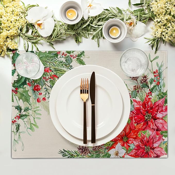 Giwawa Poinsettia Placemats Set of 4, 12x18 Inch Watercolor Christmas Red Floral Linen Table Mats for Kitchen Dining, Winter Holly Berry Pine Cones Washable Heat Resistance for Party Holiday Decor
