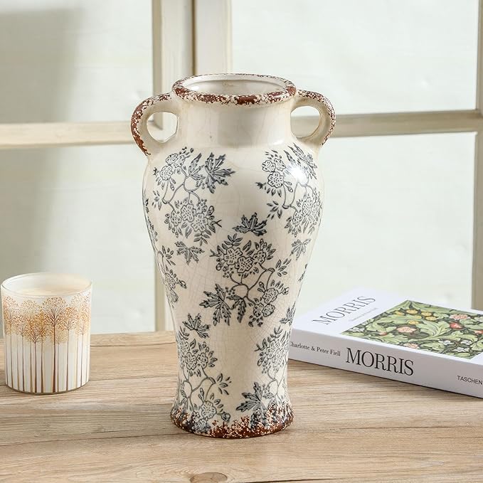 Enra Vintage vase with Handle,12.6 inch Blue and White Ceramic Decorative Flower vase, Chinoiserie Floral Vase,Large Rustic Vases for Home Decors, Living Room, Bookshelf, Office