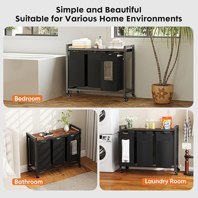 Sweetcrispy Laundry Hamper with 3 Pull-Out Removable Sorter Bags 3 × 9.7 Gal (110L) Capacity, Movable Wheels, Freestanding Clothes Basket Organizer in Bathroom, Rustic Brown and Black